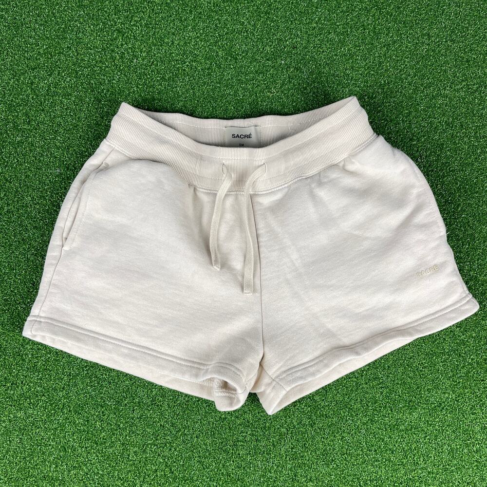 Sacre Cream Drawstring Wide Waistband Sweat Shorts Sz S
